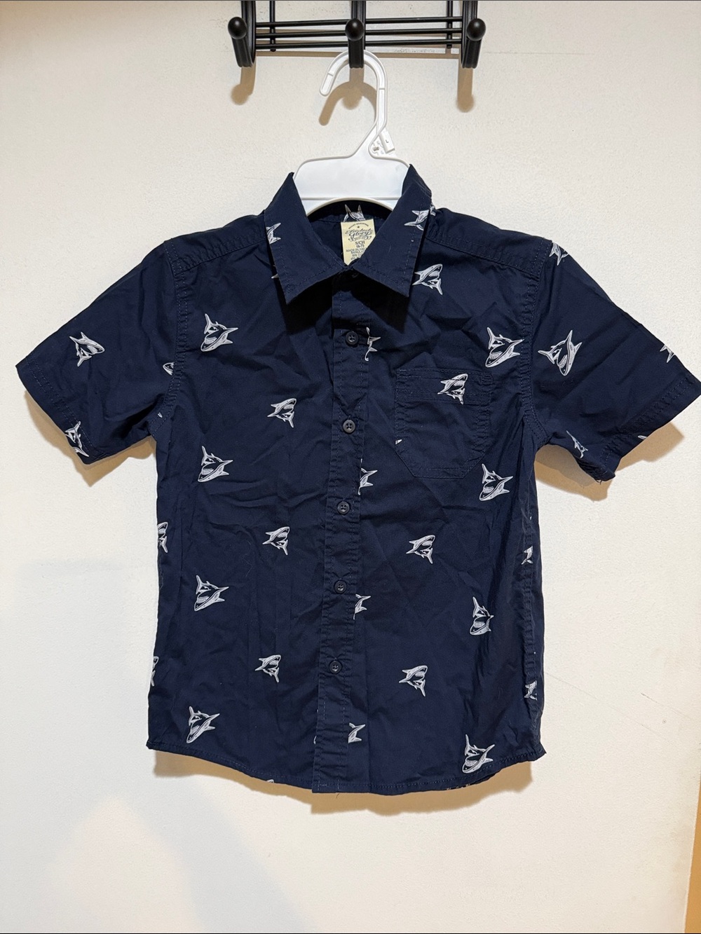 Navy Short-Sleeve Button-Up Shirt with Shark Print